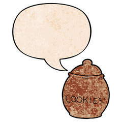 cartoon cookie jar and speech bubble in retro texture style