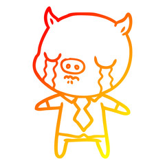 warm gradient line drawing cartoon pig crying wearing shirt and tie