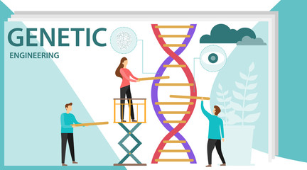 Genetic scientists edit DNA. Group of scientists or researchers wearing white coats analyzing DNA molecule in science lab. Men and woman scientis, laboratory technician. Biotechnology