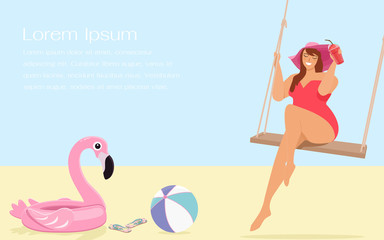 Summer vacation or holiday concept. A happy woman in bikini sitting on rope swing and holding a glass of smoothie with floating, ball and flip flops. Flat design vector illustration in cartoon style.