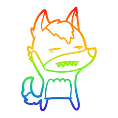 rainbow gradient line drawing cartoon wolf waving showing teeth
