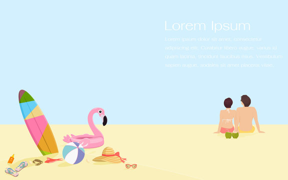 Young man and woman on holidays or honeymoon. Romantic couple sitting together on beach with summer items. Flat design vector illustration in cartoon style.