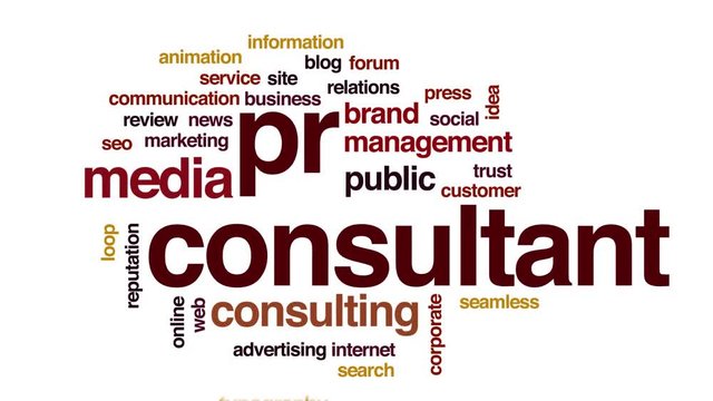 PR consultant animated word cloud. Kinetic typography.