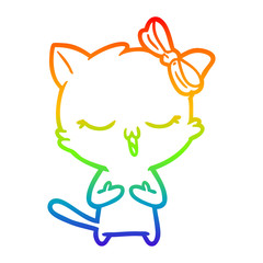 rainbow gradient line drawing cartoon cat with bow on head