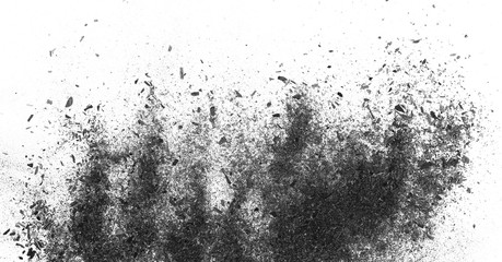 Black charcoal dust, gunpowder isolated on white background and texture, top view