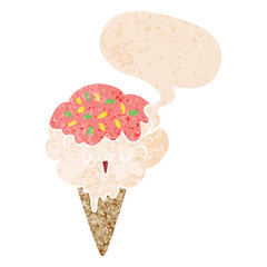 cartoon ice cream and speech bubble in retro textured style