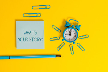 Word writing text What S Is Your Storyquestion. Business photo showcasing analysisner of asking...