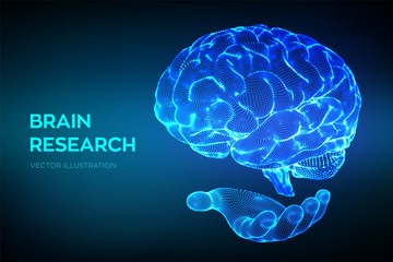 Brain. Human brain research. 3D Science and Technology concept. Neural network. IQ testing, artificial intelligence virtual emulation science technology. Brainstorm think idea. Vector illustration.