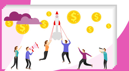 Starting a startup. The rocket pulls people up behind them. Vector illustration a group of people characters are thinking over an idea. Prepare a business project
