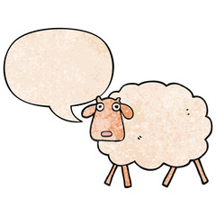 cartoon sheep and speech bubble in retro texture style