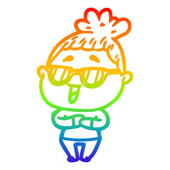 rainbow gradient line drawing cartoon happy woman wearing spectacles