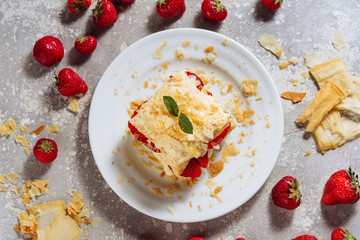 Piece of Napoleon Cake with Strawberry Flat Lay. Slice of Confectionery Cream Dessert with Red Ripe...