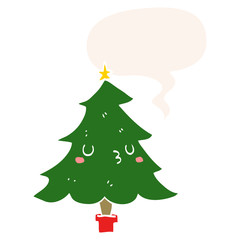 cute cartoon christmas tree and speech bubble in retro style