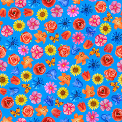 Seamless floral pattern on blue background. Different bright flowers.
