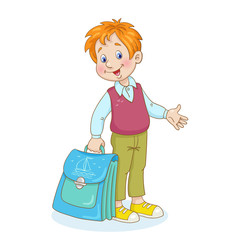 Hello school! Little funny boy with a big school bag. In cartoon style. Isolated on white background.