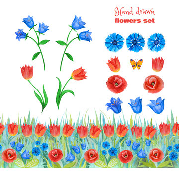 Set of blue and red flowers. Poppies, tulips, blue bells, cornflowers. Seamless floral border.