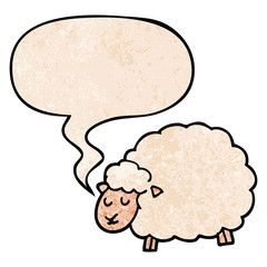 cartoon sheep and speech bubble in retro texture style