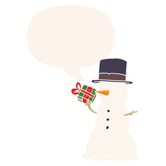 cartoon snowman and speech bubble in retro style