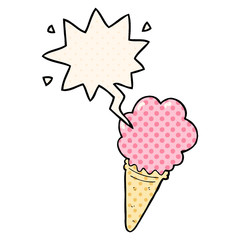 cartoon ice cream and speech bubble in comic book style