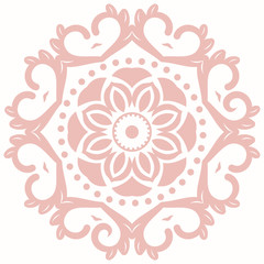 Oriental round pink pattern with arabesques and floral elements. Traditional classic ornament. Vintage pattern with arabesques