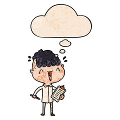 cartoon happy boy surprised and thought bubble in grunge texture pattern style