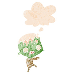 cartoon zombie and thought bubble in retro textured style