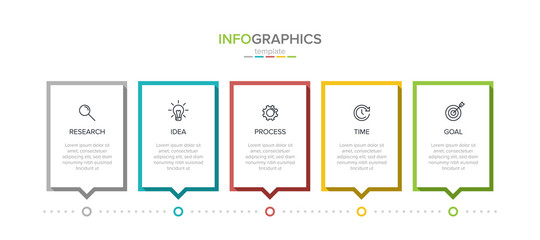 Concept of arrow business model with 5 successive steps. Five colorful rectangular elements. Timeline design for brochure, presentation. Infographic design layout.