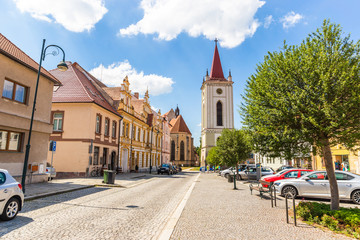 Fototapeta na wymiar Blatna city. View of a old city square with church. Czech Republic.