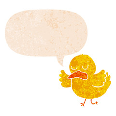 cartoon duck and speech bubble in retro textured style