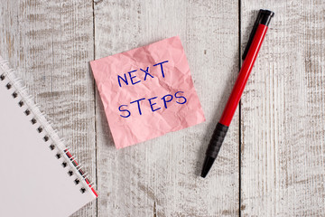 Writing note showing Next Steps. Business concept for something you do or plan after you ve...