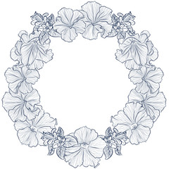 Vector vintage round frame with flowers petunias. Illustration isolated on white background. Template for wedding and birthday card, invitation, greetings.