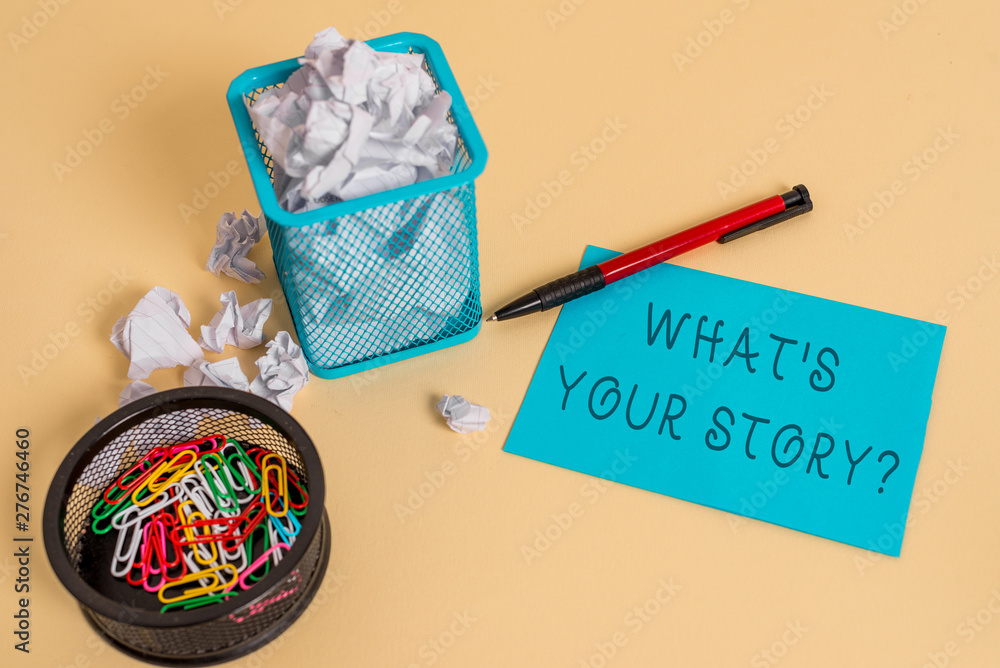 Fototapete text sign showing what s is your story question. business photo text analysisner of asking demonstra