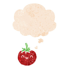 cute cartoon tomato and thought bubble in retro textured style
