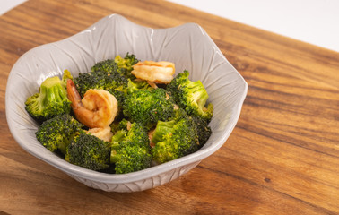 Close up homemade  Fried broccoli with shrimp. (selective focus)