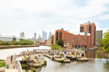 Bow Locks on the Lee River surrounded by modern buildings