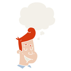 cartoon happy man and thought bubble in retro style