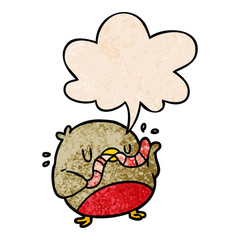 cartoon bird eating worm and speech bubble in retro texture style