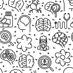 Neurology seamless pattern with thin line icons: brain, neuron, neural connections, neurologist, magnifier. Vector illustration for background of medical survey or report.