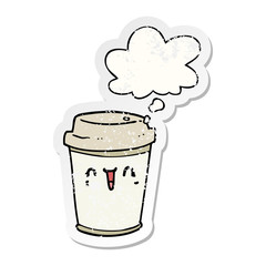 cartoon take out coffee and thought bubble as a distressed worn sticker