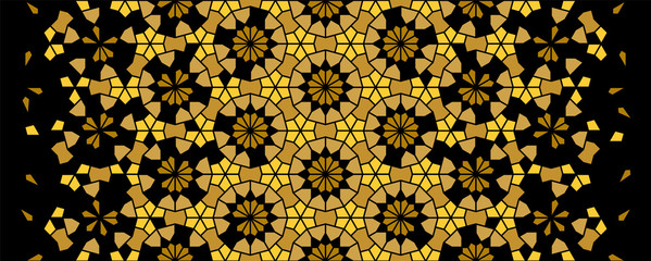 Arabesque islamic vector seamless pattern. Geometric black texture with  golden disintegration