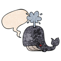 cartoon whale and speech bubble in retro texture style