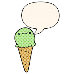 cartoon ice cream and speech bubble in comic book style