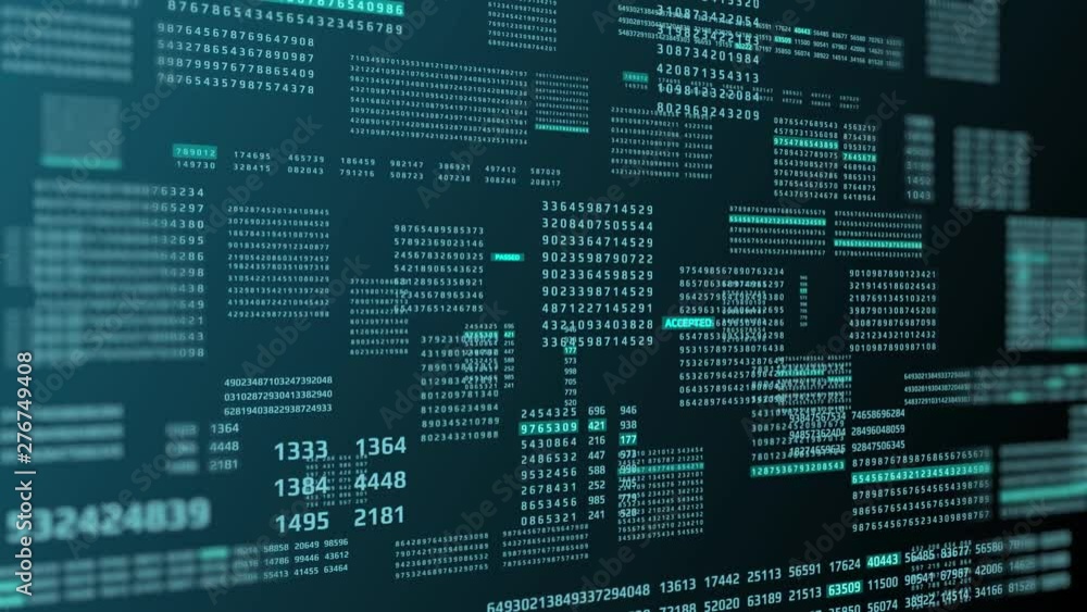 Poster HUD Futuristic Technology Digital Big Data Number Code Screen Information Display. Digit Binary Decimal Statistics Random Selection Fly Trough Animation 4K Footage Background.