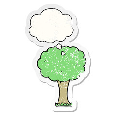 cartoon tree and thought bubble as a distressed worn sticker