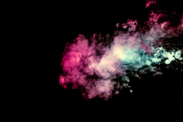 Colored background with winding clouds of smoke from patterns of different forms of pink, green and blue colors with tongues of flame on a black isolated background