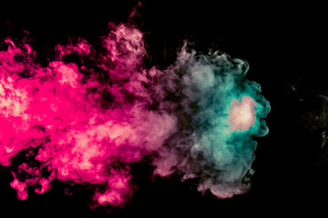 Fototapeta premium Colored background with winding clouds of smoke from patterns of different forms of pink, green and blue colors with tongues of flame on a black isolated background