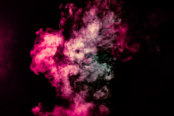 Colored background with winding clouds of smoke from patterns of different forms of pink, green and blue colors with tongues of flame on a black isolated background