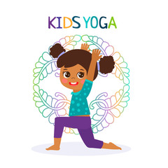 Kid Yoga Design Concept. Girl In Yoga Position Vector Illustration. Happy Cartoon Children Practicing Yoga. Flat Kid Yoga Logo On White Background.