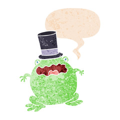 cartoon toad wearing top hat and speech bubble in retro textured style