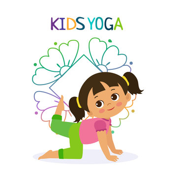 Kid Yoga Design Concept. Girl In Yoga Position Vector Illustration. Happy Cartoon Children Practicing Yoga. Flat Kid Yoga Logo On White Background.